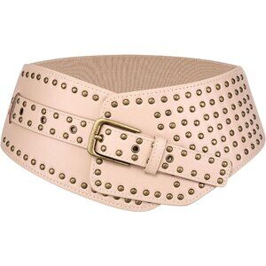 Women's Elastic Wide Belt Vintage Studded Stretchy Waist Belts Dress Pants Beige
